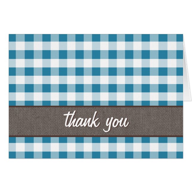 Blue & White Gingham Leinwand Dankeschön Karte (Vorderseite (Horizontal))