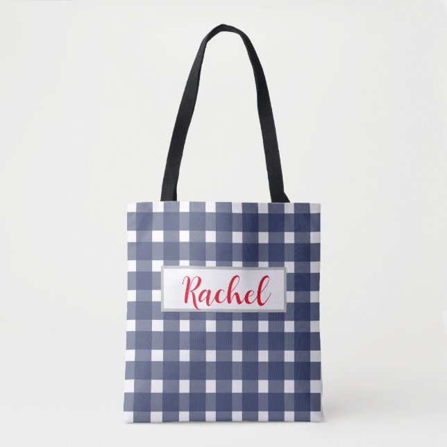 Blue White Gingham Personalisiert Tasche (Vorderseite)