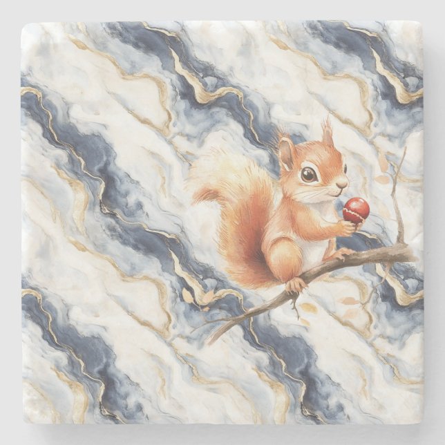 Blue White Gold Abstract Squirrel Apple Steinuntersetzer (Vorderseite)