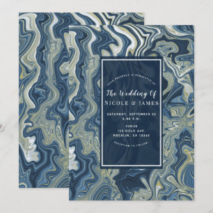 Blue White Gold Chic Swirl Moderne Hochzeit Einladung