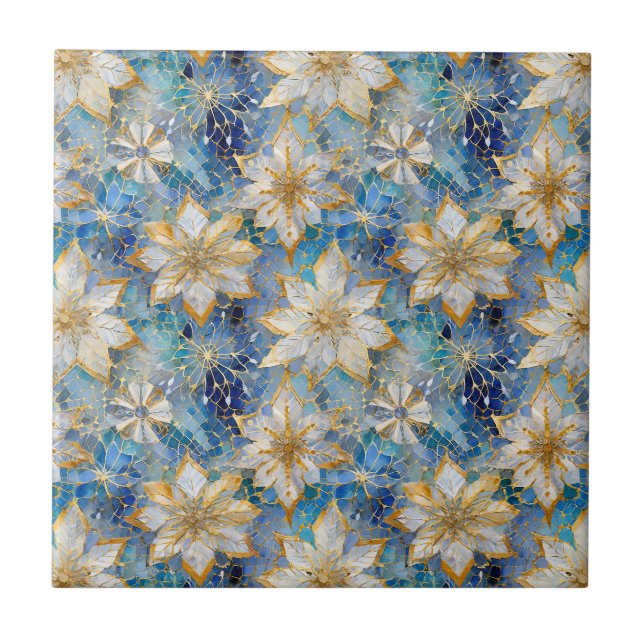 Blue White Gold Christmas Poinsettias Fliese (Vorderseite)