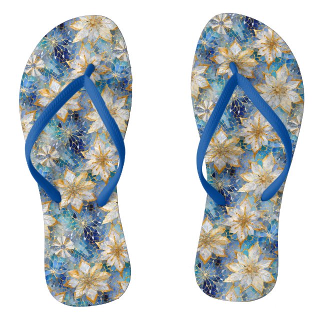Blue White Gold Christmas Poinsettias Flip Flops (Fußbett)