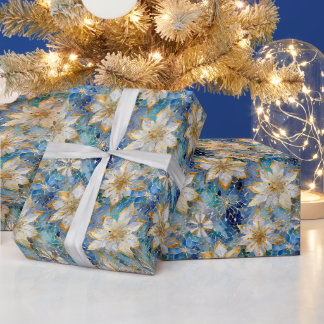 Blue White Gold Christmas Poinsettias Geschenkpapier