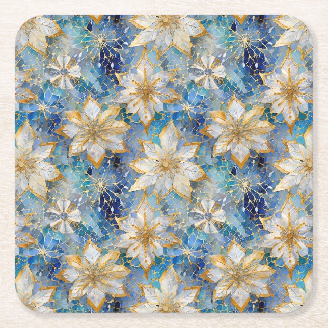 Blue White Gold Christmas Poinsettias Rechteckiger Pappuntersetzer (Vorderseite)