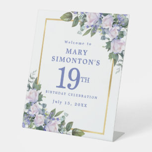 Blue White Gold Floral 19. Geburtstag Willkommen Sockelschild