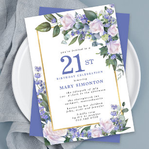 Blue White Gold Floral 21. Geburtstag Einladung
