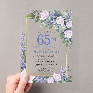 Blue White Gold Floral 65. Geburtstag Acryleinladungen