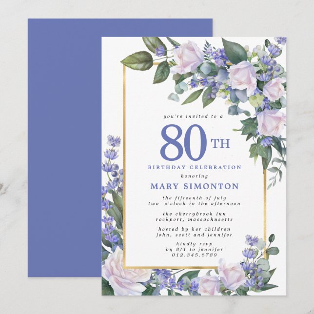 Blue White Gold Floral 80. Geburtstag Einladung (Vorne/Hinten)