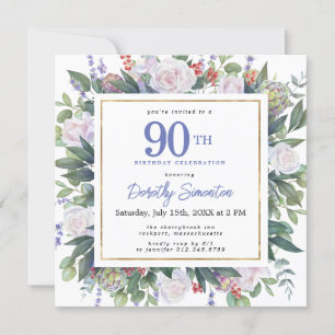 Blue White Gold Floral 90. Geburtstag Platz Einladung