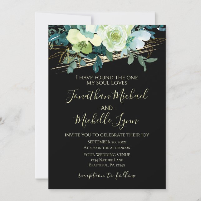 Blue White Gold Floral on Black Christlich Wedding Einladung (Vorderseite)