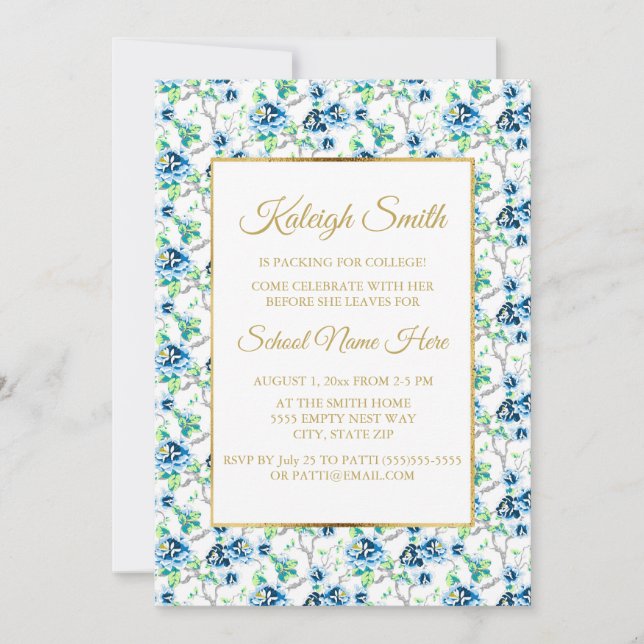 Blue White Gold Floral Trunk Party Einladung (Vorderseite)