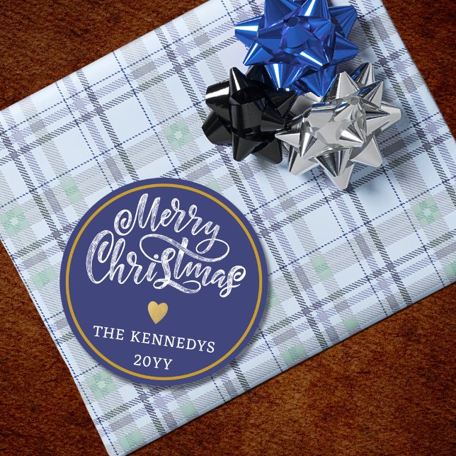 Blue White Gold Frohe Weihnachten Runder Aufkleber (Von Creator hochgeladen)