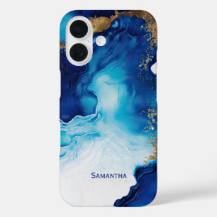 Blue White Gold Marmor iPhone 16 Hülle