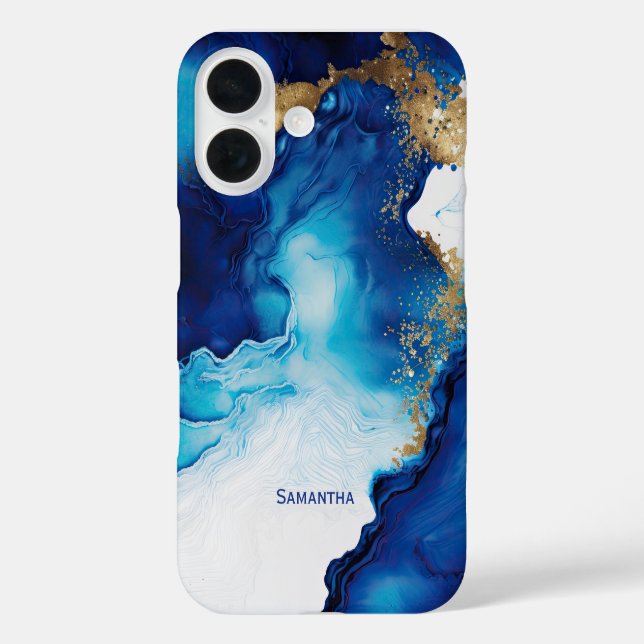 Blue White Gold Marmor iPhone 16 Hülle (Rückseite)