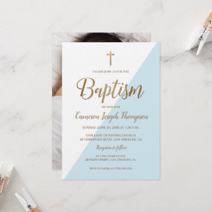 Blue White Gold Modern Baby Boy Foto Taufe Einladung