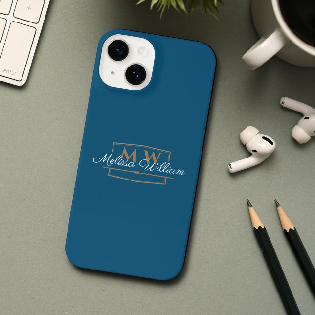 Blue White Gold Monogram Name Script iPhone 14 Hülle (Von Creator hochgeladen)