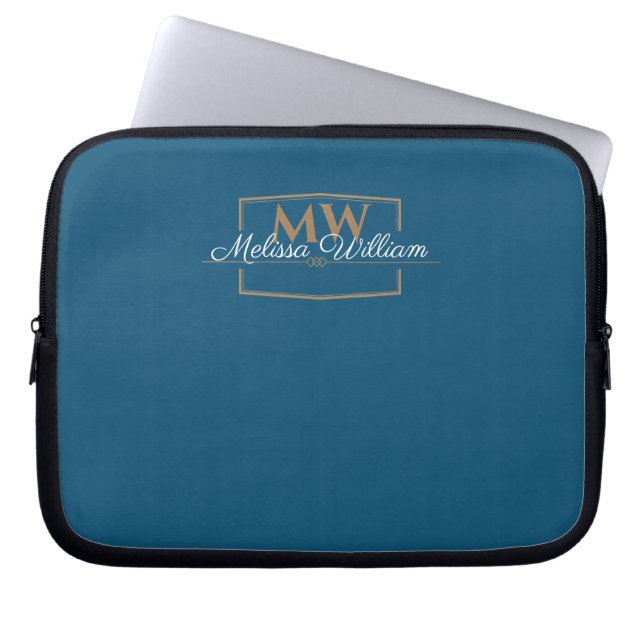 Blue White Gold Monogram Name Script Laptopschutzhülle (Vorderseite)