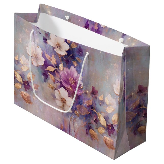 Blue White Gold Purple Floral Birthday Große Geschenktüte (Vorderseite Schrägansicht)