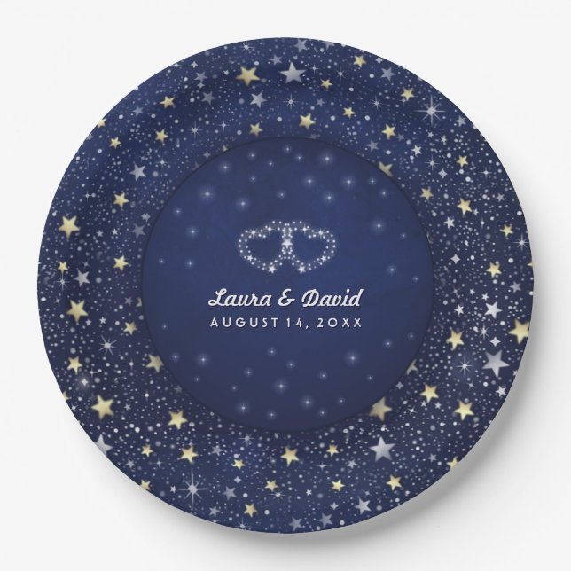 Blue White & Gold Stars Hearts Hochzeiten Teller (Vorderseite)