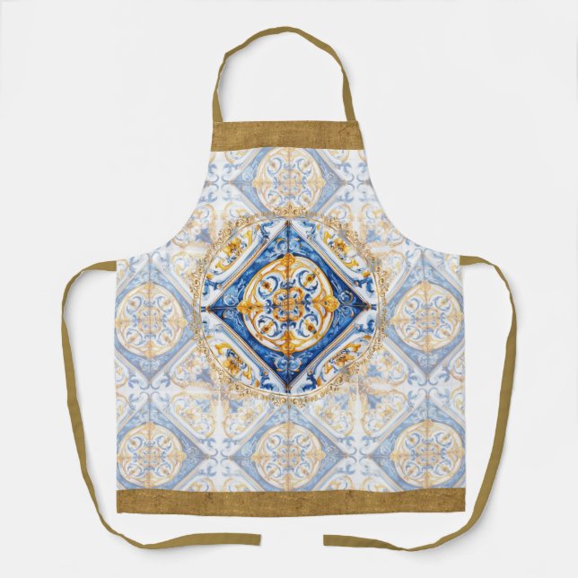 Blue White Gold Talavera Azulejo Tile Look Schürze (Vorderseite)