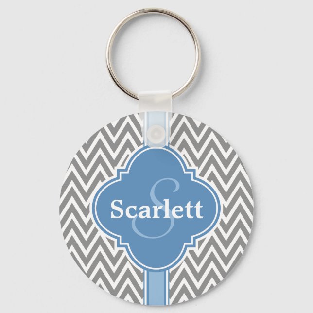 Blue White Gray Chevron Pattern and Monogram Schlüsselanhänger (Vorderseite)