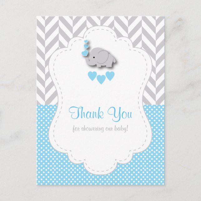 Blue, White, Gray Elephant Baby Dusche Danke Postkarte (Vorderseite)