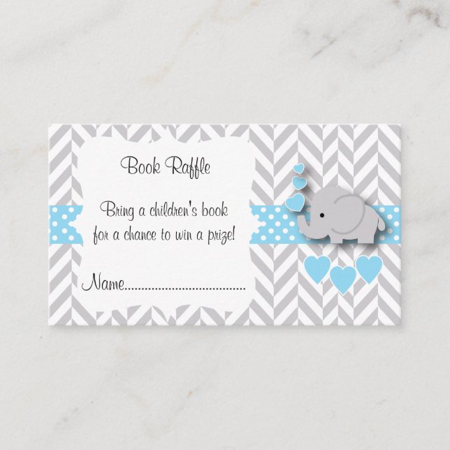 Blue, White Grey Elephant Baby Shower Book Raffle Begleitkarte (Vorderseite)