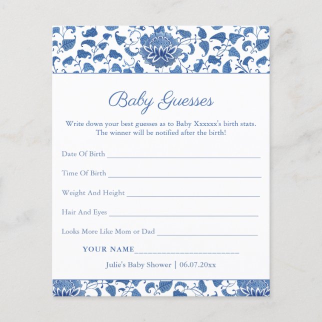 Blue White Guess Baby Birth Stats Showspielkarte (Vorderseite)