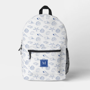 Blue White Hand Drawing Muscheln Beach Sommer Bedruckter Rucksack