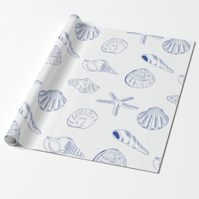 Blue White Hand Drawing Muscheln Beach Sommer Geschenkpapier (Ungerollt)