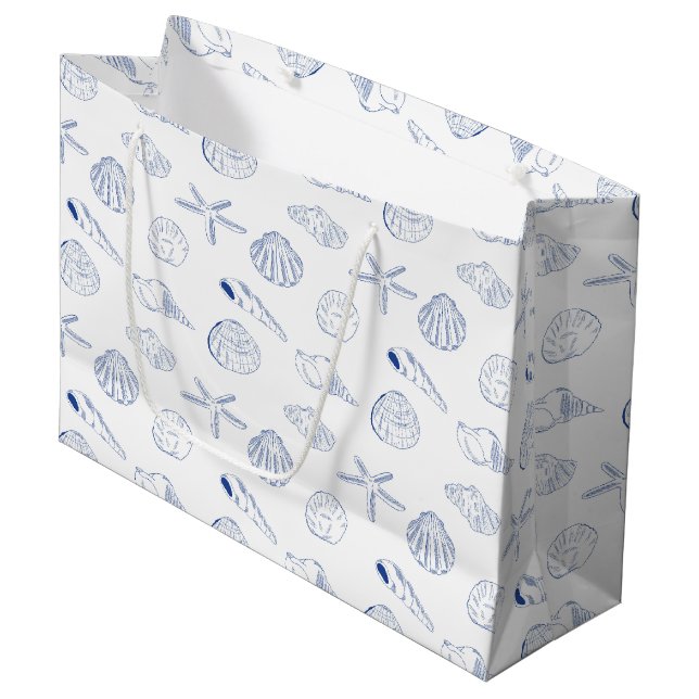 Blue White Hand Drawing Muscheln Beach Sommer Große Geschenktüte (Vorderseite Schrägansicht)