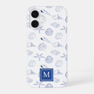 Blue White Hand Drawing Muscheln Beach Sommer iPhone 16 Hülle