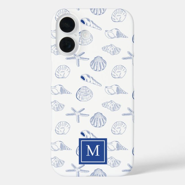 Blue White Hand Drawing Muscheln Beach Sommer iPhone 16 Hülle (Rückseite)