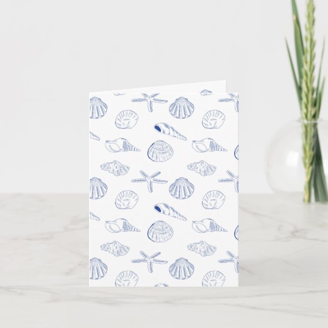 Blue White Hand Drawing Muscheln Beach Sommer Karte (Vorderseite)