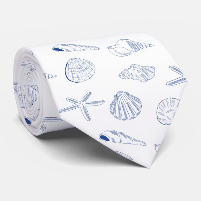 Blue White Hand Drawing Muscheln Beach Sommer Krawatte (Gerollt)