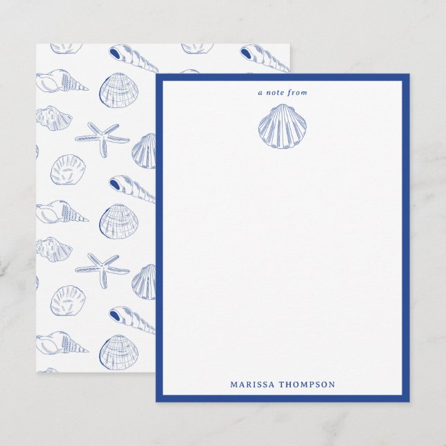 Blue White Hand Drawing Muscheln Beach Sommer Mitteilungskarte (Vorne/Hinten)