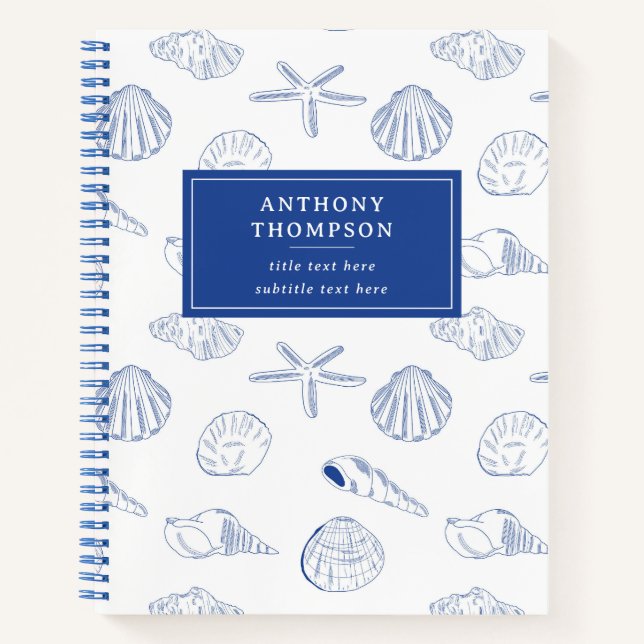 Blue White Hand Drawing Muscheln Beach Sommer Notizbuch (Vorderseite)