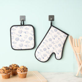 Blue White Hand Drawing Muscheln Beach Sommer Ofenhandschuh & Topflappen-Set