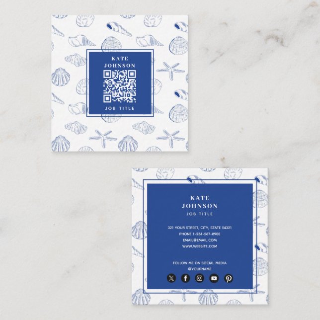 Blue White Hand Drawing Muscheln Beach Sommer Quadratische Visitenkarte (Vorne/Hinten)