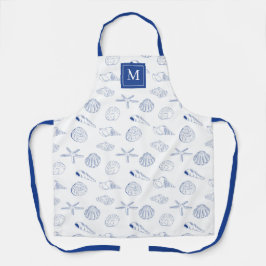 Blue White Hand Drawing Muscheln Beach Sommer Schürze