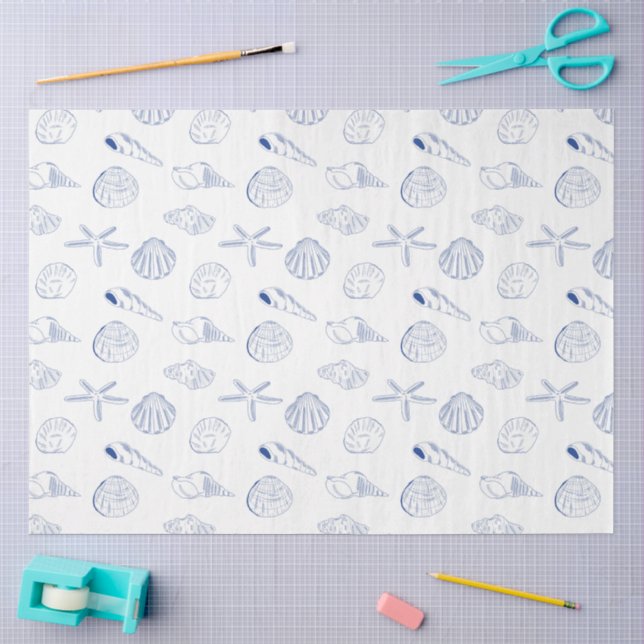 Blue White Hand Drawing Muscheln Beach Sommer Seidenpapier (Basteln)