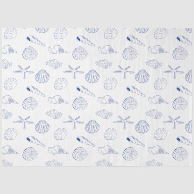 Blue White Hand Drawing Muscheln Beach Sommer Seidenpapier (Vorderseite)