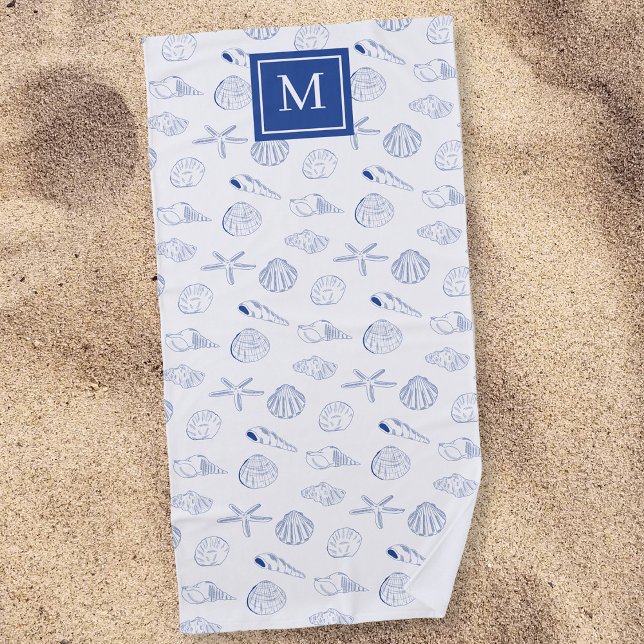 Blue White Hand Drawing Muscheln Beach Sommer Strandtuch (Blue White Hand Drawn Sea Shells Beach Summer Beach Towel)