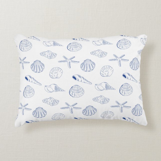 Blue White Hand Drawing Seashells Beach Summer Dekokissen (Vorderseite)