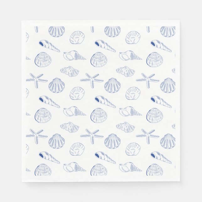 Blue White Hand Drawing Seashells Beach Summer Serviette (Vorderseite)