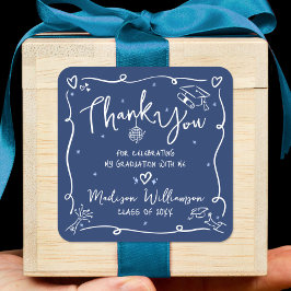 Blue White Hand Drawn Doodles Graduation Thank You Quadratischer Aufkleber