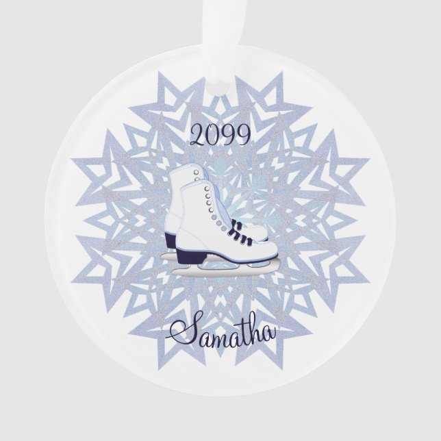 Blue White Ice Skate auf Blue Snowflake Weihnachte Ornament (Vorderseite)