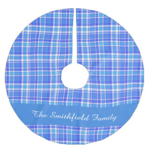 Blue White Kariert Family Name Custom Christmas Polyester Weihnachtsbaumdecke