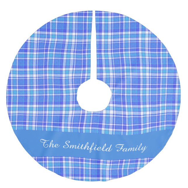 Blue White Kariert Family Name Custom Christmas Polyester Weihnachtsbaumdecke (Vorderseite)