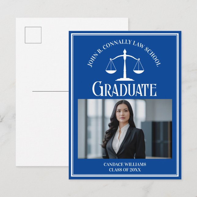 Blue White Law School Foto Abschluss Ankündigungspostkarte (Vorne/Hinten)